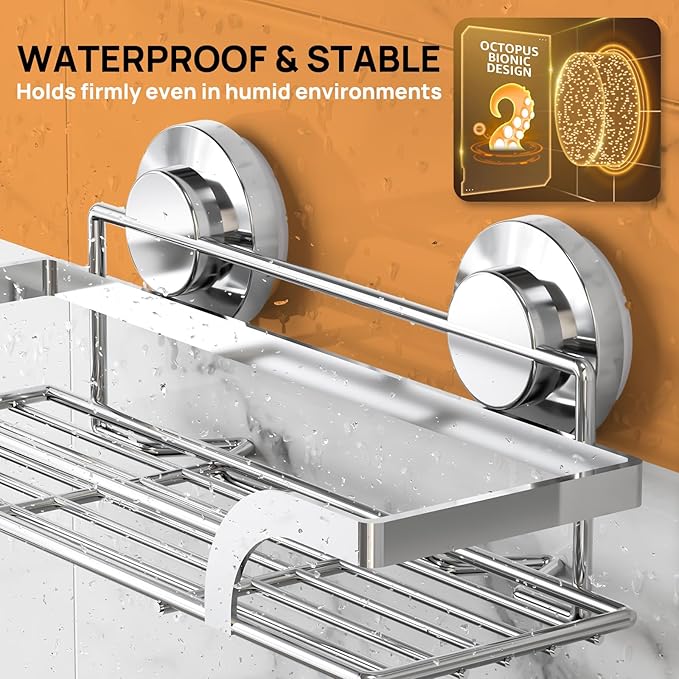 LEVERLOC 2 Pack Shower Caddy Suction Cup, Shower Shelves for Inside, Rustproof Metal Bathroom Storage NO-Drilling Bath Organizer with Large Capacity,Heavy Duty Storage Basket,Home Decor,Silver