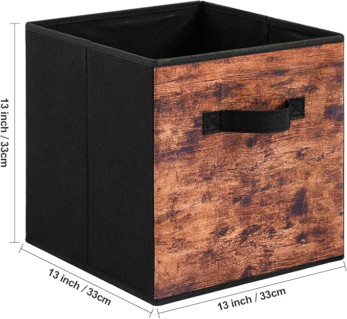Stero Fabric Storage Cubes, 6 Pack Foldable Storage Bins with Handle, 13 Inch Box for Shelves, Closet, Organizer, Rustic Brown and Black