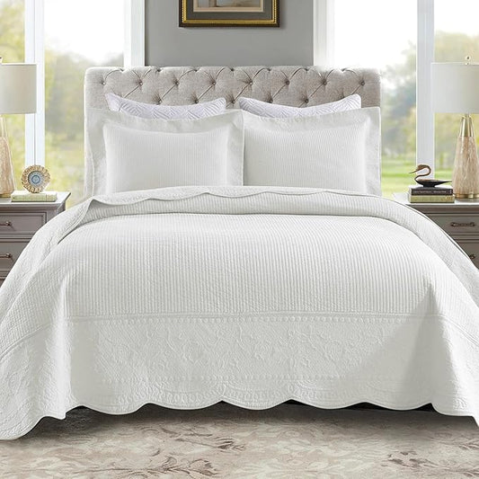 MarCielo 100% Cotton Quilt Set - 3-Piece Embroidered Farmhouse Bedspread & Shams, All-Season Breathable Bedding(TG Bright White,King)