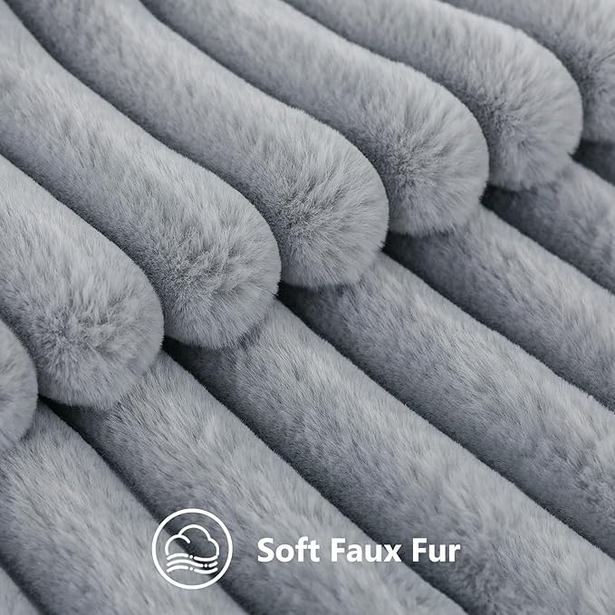 decorUhome Faux Fur Spring Throw Pillow Covers 26x26 Set of 2, Decorative Soft Plush Striped Neutral Couch Euro Sham Pillow Covers with Velvet Back for Sofa, Bed, Living Room Home, Grey