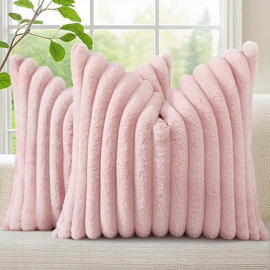 decorUhome Faux Fur Spring Throw Pillow Covers 18x18 Set of 2, Decorative Soft Plush Striped Neutral Couch Pillow Covers with Velvet Back for Sofa, Bed, Living Room Home, Pink