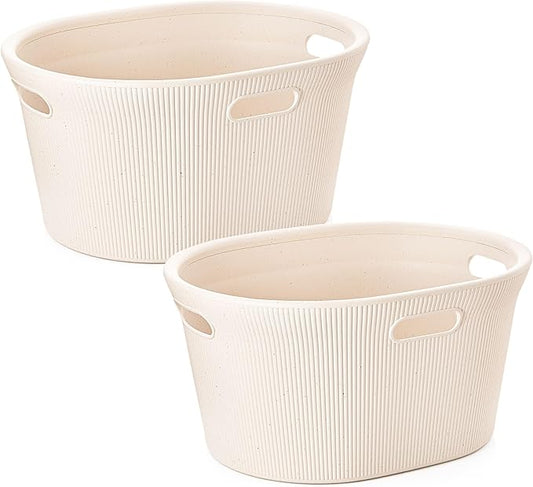Superio Ribbed Collection - Eco-Friendly Decorative Plastic Laundry Basket with Cut-Out Handles, (2 Pack) Hamper Organzier for Bedroom Bathroom College Dorm Room 35 Liter