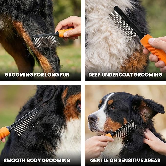 Poodle Grooming Comb - Metal Dematting Comb with Long & Short Stainless Steel Teeth for Removing Matted Hair & Knots, Safe and Gentle for Dogs & Cats (Orange)