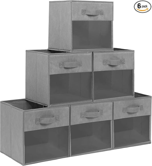 Storage Bins with Clear Window, 13x13 Storage Cubes, Collapsible Cube Storage Box, Fabric Closet Organizers with Handles for Home, Office, Shelf, Closets, Living Room, Grey, 6 Pack