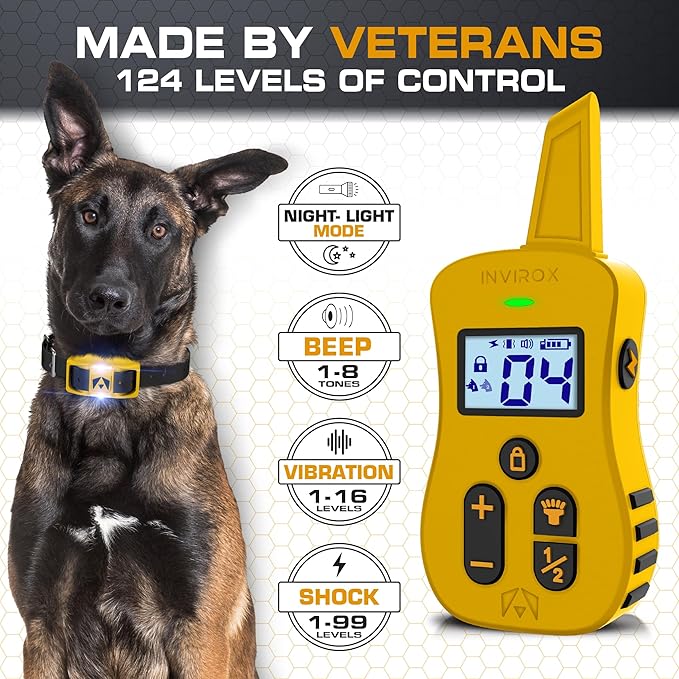 INVIROX Ultra K9 Dog Training Collar, 124 Levels for Reactive, Stubborn or Hard-to-Train Dogs, Long Range ¾ Mile, Night-Light Mode, Safe Communication, IP67 Waterproof E Collar for Large Dogs