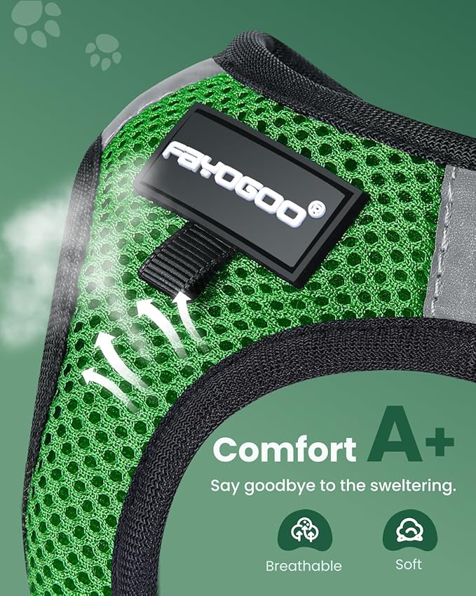 FAYOGOO Cat Harness, Escape Proof, Ultra-Light & Comfortable, Reflective Night Safety, Neon Green, Medium
