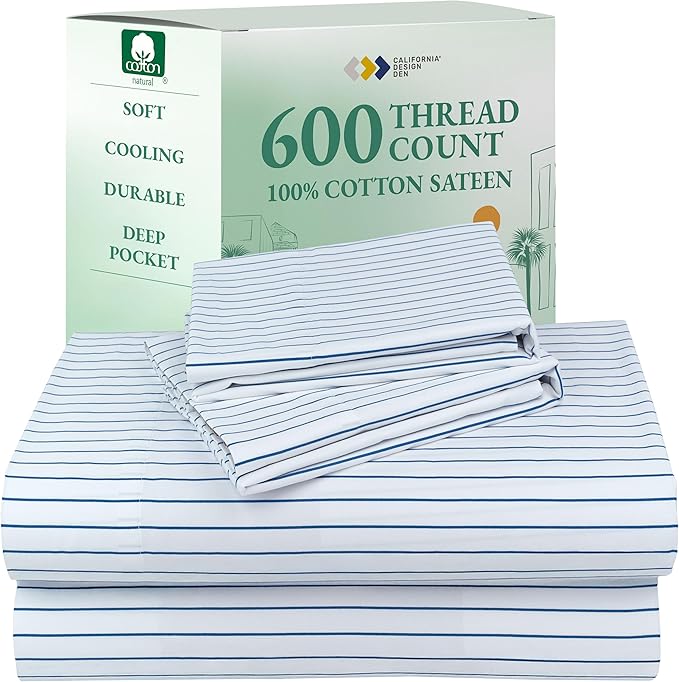 California Design Den Printed Striped Bed Sheets King Size Set - 600 Thread Count, 100% Cotton Sateen, Premium Deep Pocket King Sheet Set - Classic Blue Stripe Print
