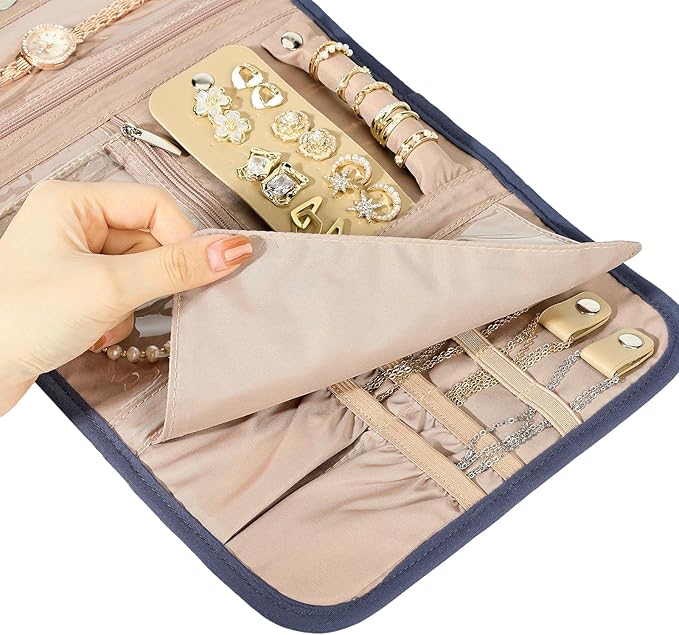 BELALIFE Travel Jewelry Case Organizer, Foldable Storage Roll for Earrings, Necklaces, Rings, Bracelets, Brooches, Blue-Gray