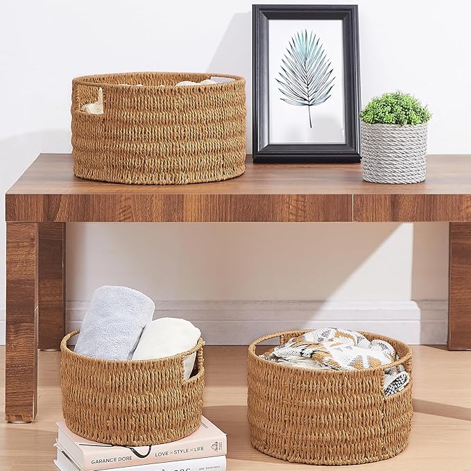 Vagusicc Wicker Storage Basket, Hand-Woven Paper Rope Large Round Woven Basket With Handles, Wicker Baskets for Organizing/Storage, Natural, 3-Pack