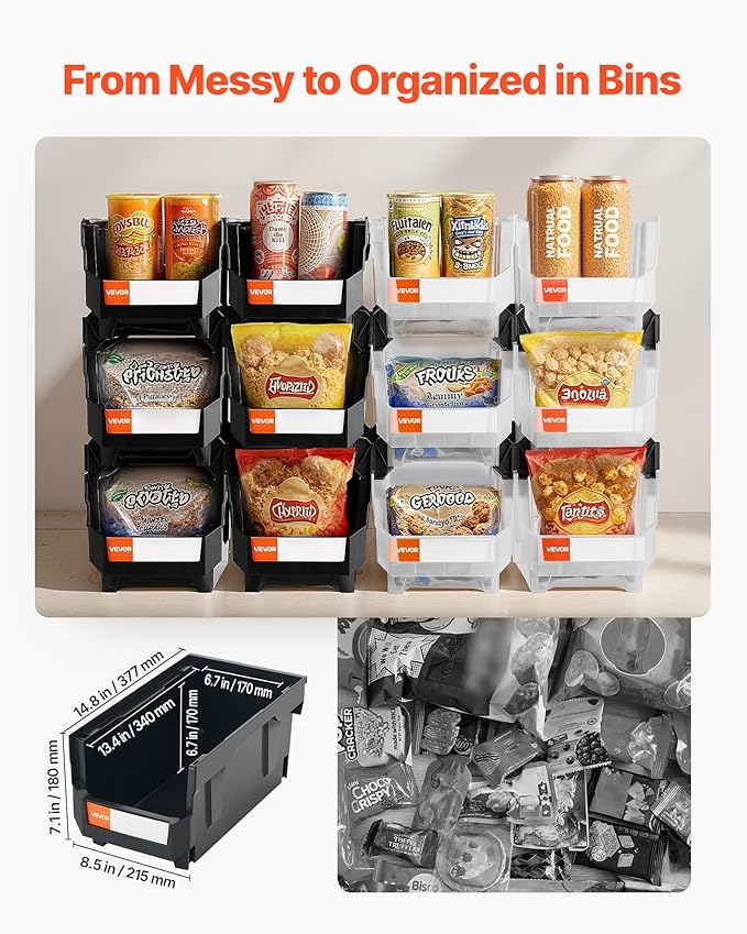 VEVOR Plastic Stackable Storage Bins, 14.8 x 8.5 x 7.1 inch (12 Pack), Plastic Containers for Organizing & Storage Bins for Garage, Small Parts, Office Supplies, Other Accessories, Black & Transparent