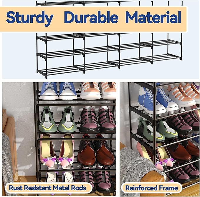 Large Shoe Rack Organizer, 4-Row 8-Tier Tall Shoe Storage Shelf for Closet, Entryway, Garage, Metal Free Standing Shoe Holder for 56-64 Pairs Shoes, Sturdy Stackable Shoe Stand for Bedroom