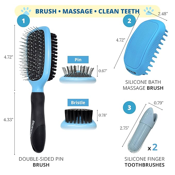 Double-Sided Pet Dog Cat Brush for Detangling Deshedding & Removing Small Mats plus Rubber Dog Bath Brush for Grooming, Shedding, Massage & Skin Care Brush - Best Pet Detangler Brushes
