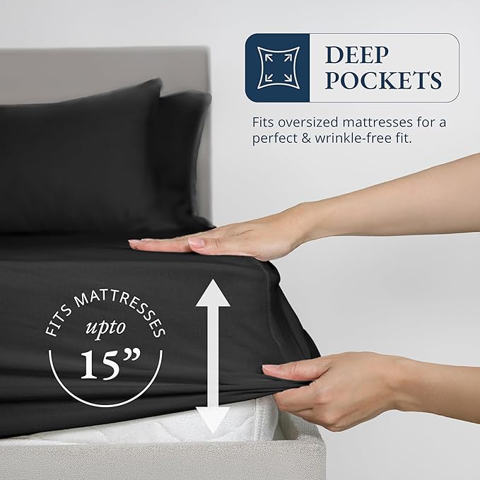 LANE LINEN Twin XL Fitted Sheet, 100% Organic Cotton 2-Piece Set (1 Fitted Sheet, 1 Pillowcase), Percale Weave, Lightweight, Soft, Breathable, Fits Mattress Upto 15" Deep - Black(No Flat Sheet)