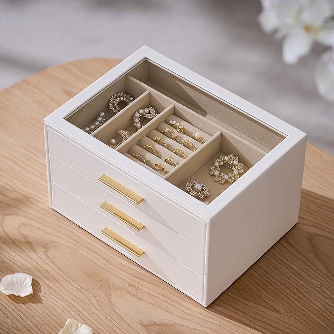pickpiff Jewelry Box Organizer Case for Women: 3-Layer Jewelry Storage Case with Glass Window, Pure White Leather with Velvet Holder for Ring Necklace Bracelet Brooch Watch, Great Gift for Her