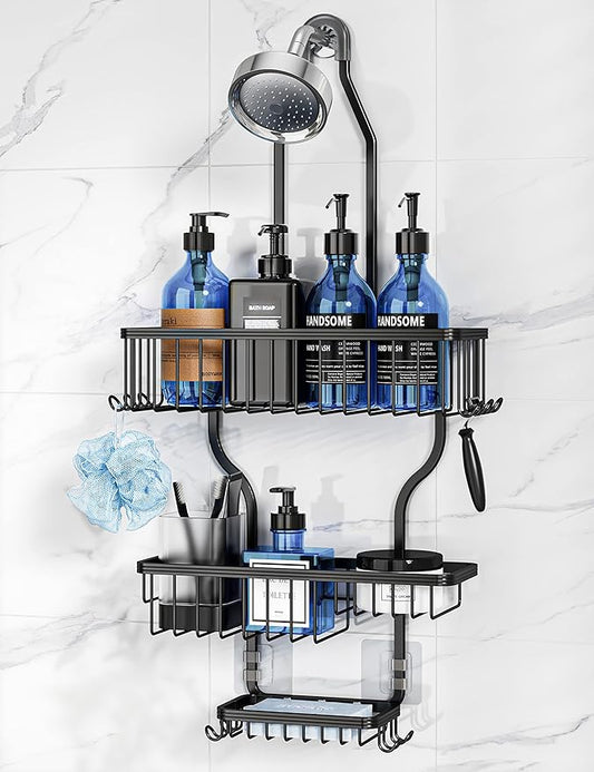 YASONIC Shower Caddy Over Shower Head Never Rust Aluminum Large Hanging Shower Caddy with 10 Hooks for Razor/Sponge - Over The Shower Head Caddy with Soap Basket - Hanging Shower Organizer Black