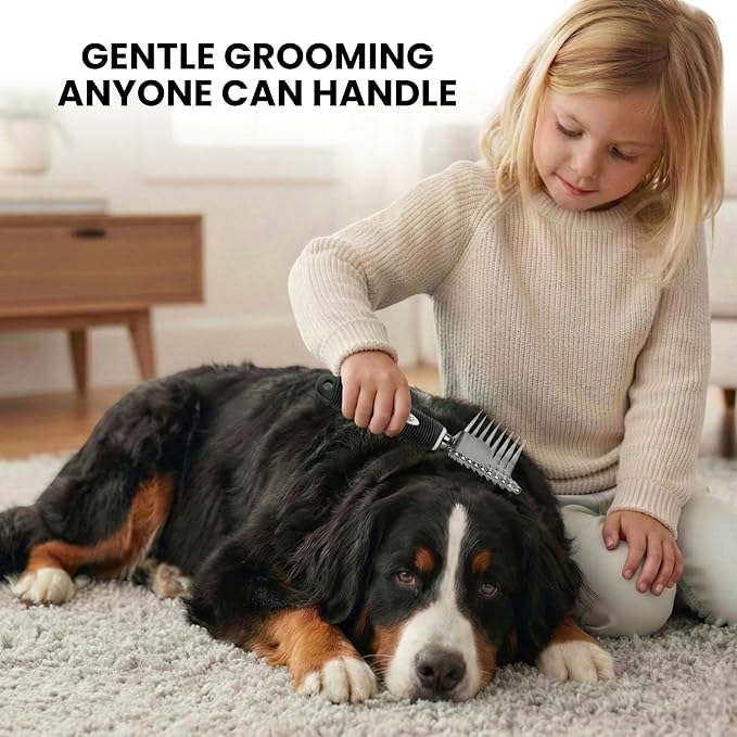 Poodle Dematting Fur Rake Comb Brush for Dogs and Cats - Long 2.5" Steel Safety Blades Metal Comb for Detangling Matted or Knotted Undercoat Hair