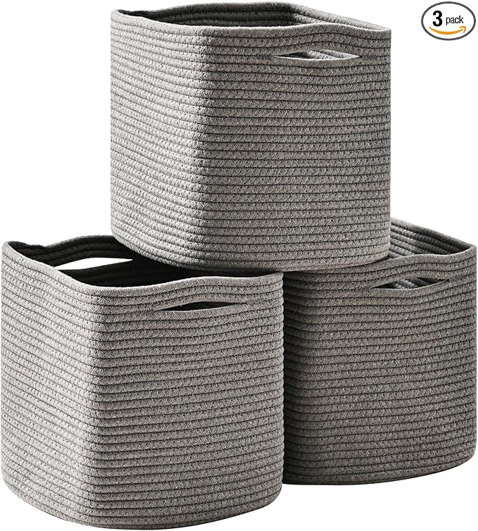 13 Inch Cube Closet Storage Bins, Woven Cotton Rope Organizer Baskets for Organizing & Shelves, Books, Towels, Clothes, Toys, 13x13x13 in, Grey (Pack of 3)