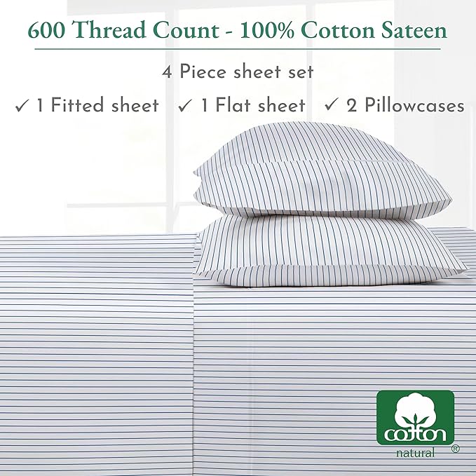 California Design Den Printed Striped Bed Sheets King Size Set - 600 Thread Count, 100% Cotton Sateen, Premium Deep Pocket King Sheet Set - Classic Blue Stripe Print