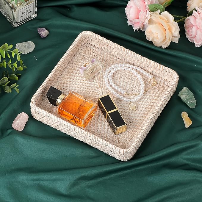 Hipiwe Key Basket for Entryway Table Handwoven Wicker Fruit Tray for Organizing Decor Rattan Serving Tray for Kitchen Living Room Bathroom, Whitewash