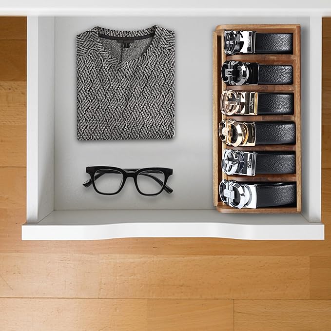 MinBoo Acacia Wood Belt Organizer Box,6 Grids Belt Rack for Closet and Drawer, Belt Storage Organizer and Displayer for Men Women