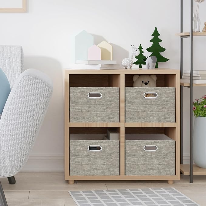 Posprica Closet Storage Bins, 4 Pack Closet Shelf Organizers, Linen Fabric Decorative Storage Baskets for Organizing, Foldable Storage Box for Clothes, Toy, 15x10.5x8.25 Inch-Coffee