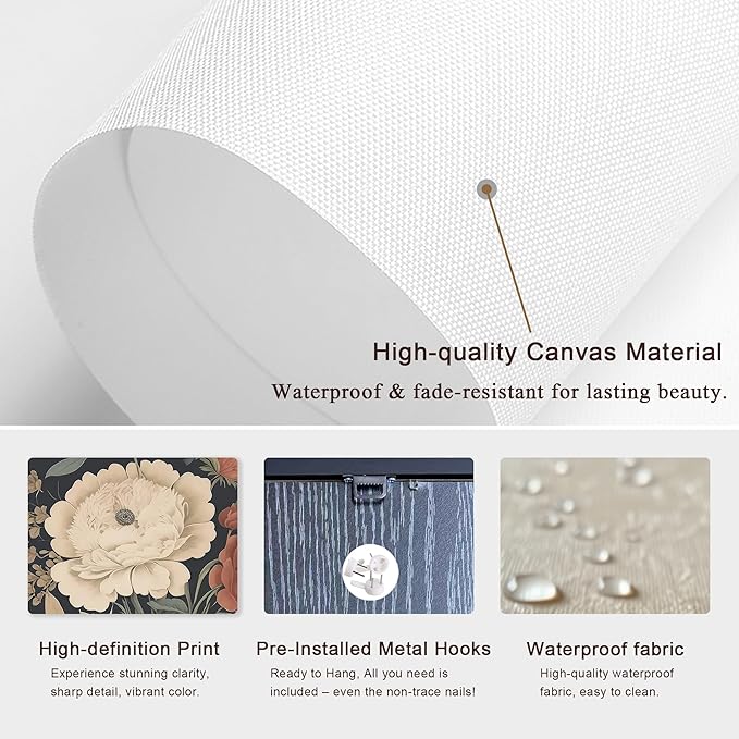 arfitest Vintage Floral Wall Art Dark Plant Canvas Wall Decoration Farmhouse Print Black Peony Painting Wall Decoration Moody Artwork For Living Room Bedroom 12x16 Inch Frame Three-Piece Set