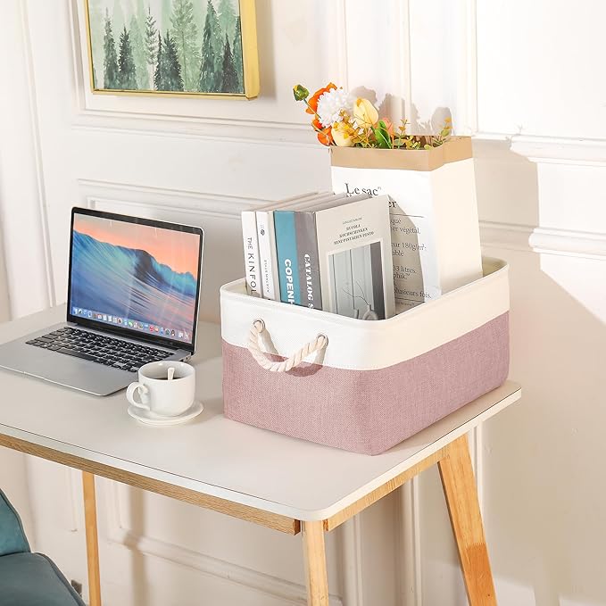 Storage Bins with Sturdy Cotton Handles(3 Pack), Fabric Storage Baskets for Organizing use for Office & Home, Book, Clothes, Toys, Closet Boxes (Small, Pink-White, 12.2x8.3x6.3 inches)