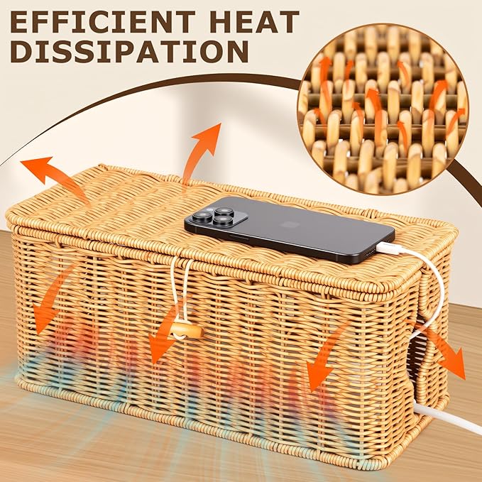 Cable Organzier Box, Handwoven Imitation Rattan Power Strip Cover Cable Management Box, 2 Open Slots Cord Organizer Cord Storage Basket for Computer Router USB Hub and Power Strip