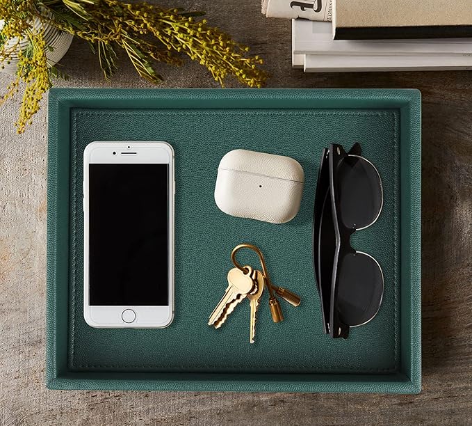 HofferRuffer Faux Leather Decorative Tray, Elegant Desktop Storage Organizer, Decorative Catchall Perfume Tray, Nightstand or Dresser Vanity Tray Organizer, 10.2 x 8.4 x 1.8 inches (Dark Green)