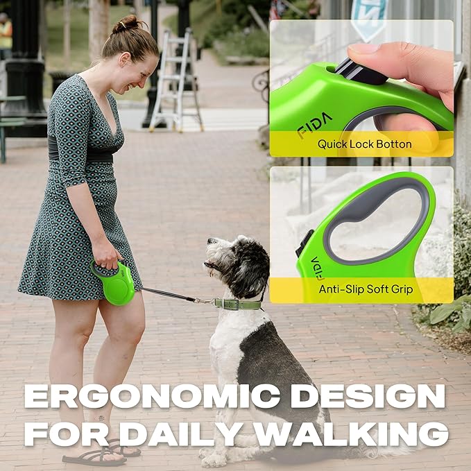 Fida Retractable Dog Leash, 16ft Heavy Duty Pet Walking Leash for Medium Dog or Cat up to 44 lbs, Tangle Free. One-Hand Brake (Medium, Green)