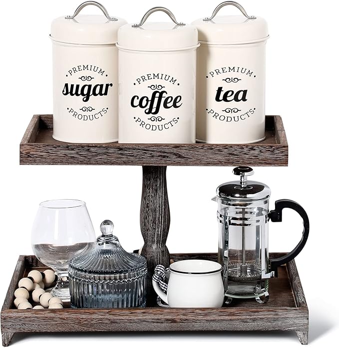 Farmhouse Tiered Tray Stand - Wooden Rustic 2 Tier Rectangular Tray Serving Stand for House Kitchen Cake(Brown)