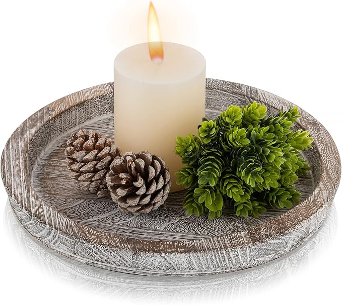 Hanobe Decorative Tray for Coffee Table: Round Candle Plate Holder Centerpieces for Dining Room Kitchen - Wooden Farmhouse Tray Vintage Home Decor