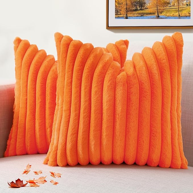 decorUhome Faux Fur Spring Throw Pillow Covers 16x16 Set of 2, Decorative Soft Plush Striped Neutral Couch Pillow Covers with Velvet Back for Sofa, Bed, Living Room Home, Orange