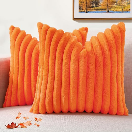 decorUhome Faux Fur Spring Throw Pillow Covers 16x16 Set of 2, Decorative Soft Plush Striped Neutral Couch Pillow Covers with Velvet Back for Sofa, Bed, Living Room Home, Orange