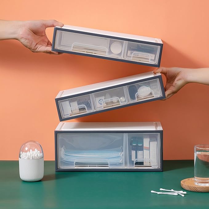 Makeup Organizer, Cosmetic & Medicine Storage Box, 4-Piece 6-Drawer & 5-Slot Transparent Desktop Stationery & Kitchen Spices Organizer