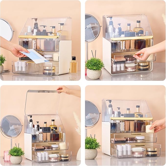 Large Cosmetic Organizer Fully Transparent with Drawers, Dustproof Waterproof Bathroom Counter Storage for Skincare Lipstick Makeup Brushes(White)