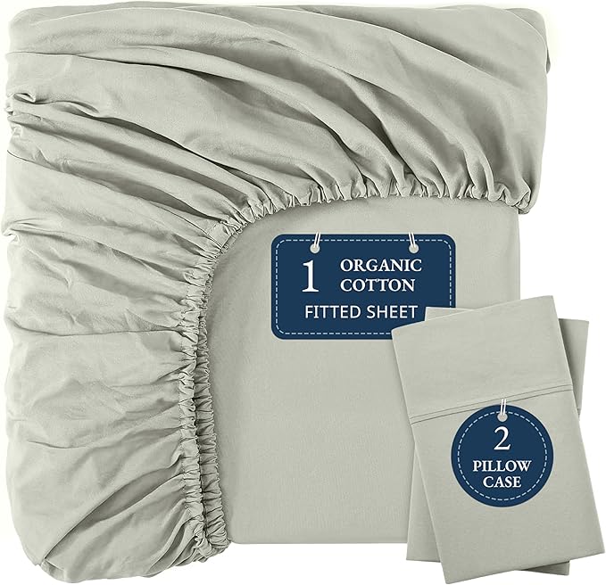 LANE LINEN Full Fitted Sheet, 100% Organic Cotton, 3-Piece Set (1 Fitted Sheet,2 Pillowcases), Percale Weave, Full Bed Bottom Sheet, Ultra Soft, Fits Mattress Upto 15" Deep - Mineral(No Flat Sheet)