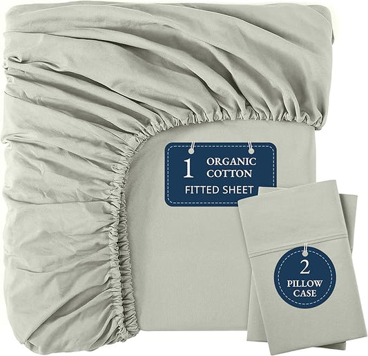 LANE LINEN Full Fitted Sheet, 100% Organic Cotton, 3-Piece Set (1 Fitted Sheet,2 Pillowcases), Percale Weave, Full Bed Bottom Sheet, Ultra Soft, Fits Mattress Upto 15" Deep - Mineral(No Flat Sheet)