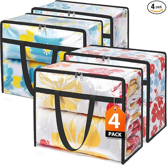 Clear Clothes Storage Bags, 4 Pack Closet Organizers and Under Bed Storage Containers, Foldable Moving Bags with Zippers for Comforter, Blanket, Bedding, Duvet, PVC Packing Bags 40L