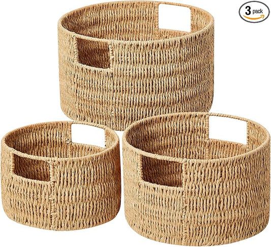 Vagusicc Wicker Storage Basket, Hand-Woven Paper Rope Large Round Woven Basket With Handles, Wicker Baskets for Organizing/Storage, Natural, 3-Pack