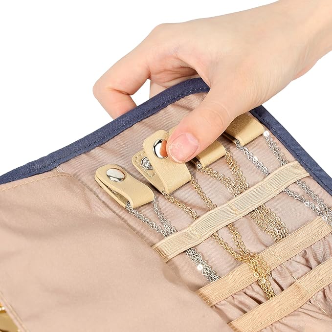 BELALIFE Travel Jewelry Case Organizer, Foldable Storage Roll for Earrings, Necklaces, Rings, Bracelets, Brooches, Blue-Gray