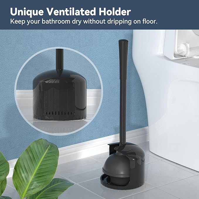TRENTI Toilet Plunger with Holder, Plunger with Holder for 5.3-inch Toilet Drain, Plungers for Bathroom with Holder, Toilet Plunger Heavy Duty (2, Black)
