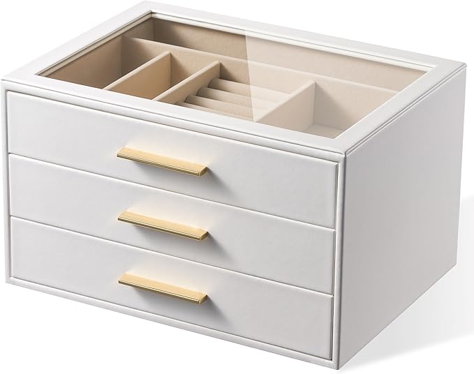 pickpiff Jewelry Box Organizer Case for Women: 3-Layer Jewelry Storage Case with Glass Window, Pure White Leather with Velvet Holder for Ring Necklace Bracelet Brooch Watch, Great Gift for Her