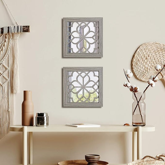 2 PCS Square Rustic Wall Mirror, Farmhouse Wall Mirrors Decorative Brown Wall Mirror for Bedroom Entry Living Room Dining Room (12”x12”)