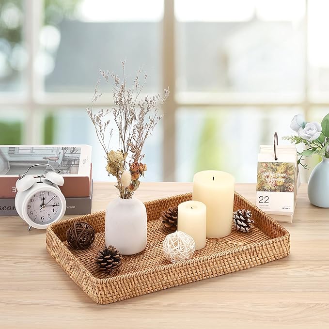 Hipiwe Rattan Serving Tray Large Wicker Storage Basket Tray for Organizing Rectangular Decorative Woven Trays Snacks Fruit Wicker Basket for Coffee Table Bathroom Home Decor,14.8"x 9.0"x1.8"