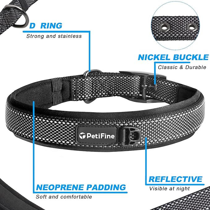 PetiFine Dog Collars for Small Dogs, Neoprene Padded Dog Collar, Reflective Heavy Duty Pet Collars with Durable Metal Belt Buckle for Walking, Black, S