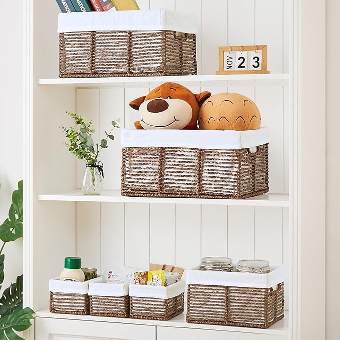 Vagusicc Wicker Storage Basket, 6 Pack Baskets for Organizing, Wicker Baskets with Handle, Rectangular Woven Basket for Storage Shelves, Cube Storage Bins for Closet/Clothes/Dresser, Brown