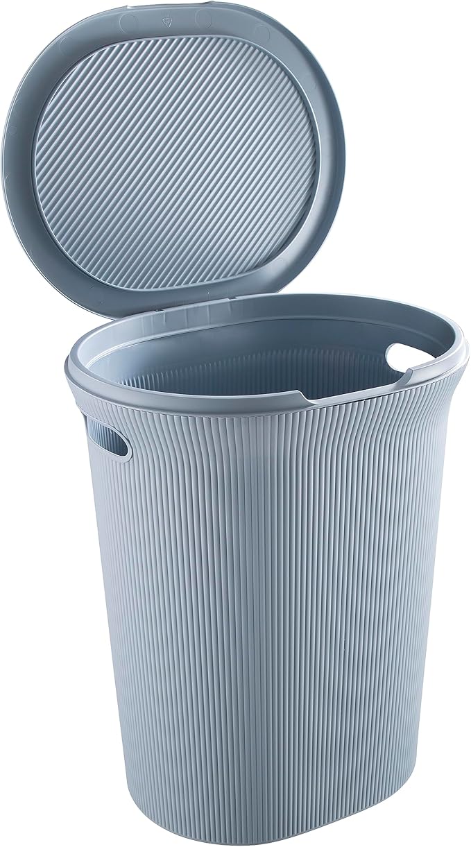Superio Ribbed Collection - Decorative Plastic Laundry Basket & Laundry Hamper with Lid and Cut-Out Handles, Blue (Set of 2) Organzier for Bedroom Bathroom College Dorm Room