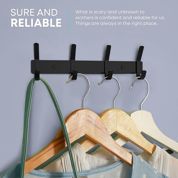 Matte Black Coat Rack Wall Mount – 12 Inch Stainless Steel Hook Rail with 4 Double Coat Hooks – Wall Mounted Entryway Organizer for Coats, Hats, Bags, Towels, Robes, Closet or Bathroom