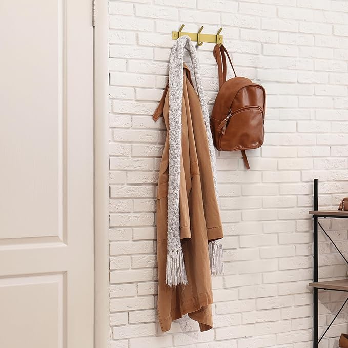 Brushed Gold Small Coat Rack Wall Mount – 9 Inch Stainless Steel Rail with 3 Double Coat Hooks for Entryway, Bathroom, Bedroom, Kitchen – Modern Gold Hook Rack for Coats, Hats, Towels